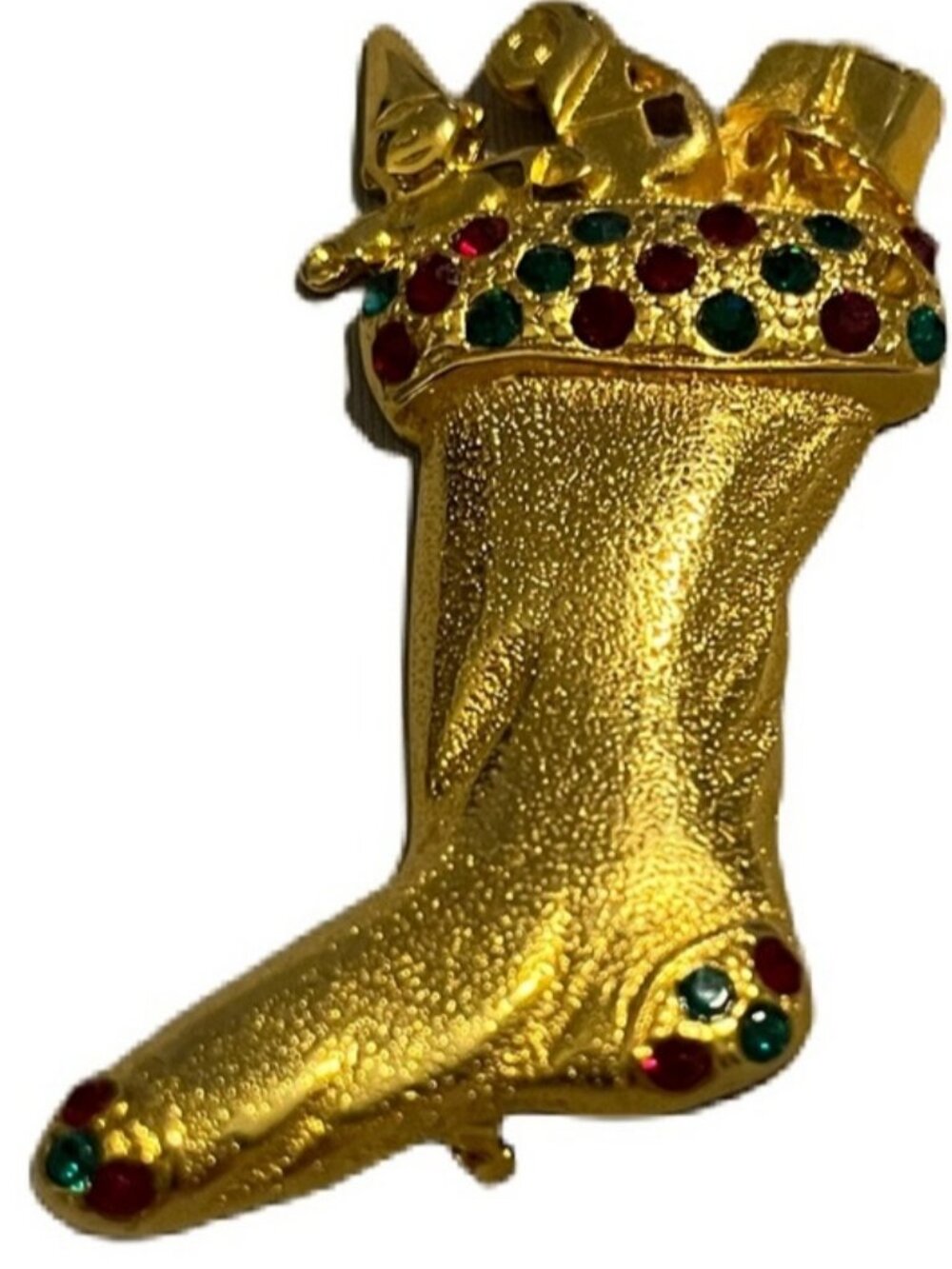 Vintage Gold Stocking Brooch with Red & Green Accents